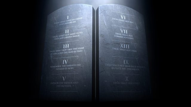 A 3D render of two stone tablets with the ten commandments etched on them lit by a dramatic spotlight on a dark background